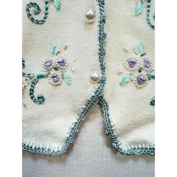 Koret Womens Embroidered Floral Vest L Ivory Green Purple Pearl Button Croquette - Picture 5 of 14